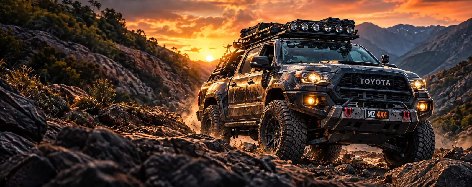 Camioneta 4x4 equipada subiendo un pedregal al atardecer